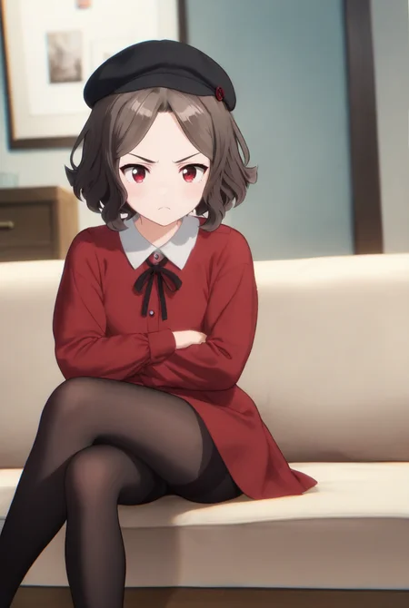 (score_9,score_8_up,score_7_up, ),
GBC_TOMO,1girl,black pantyhose,sitting,short hair,red dress,brown hair,beret,couch,neck ribbon,indoors,long sleeves,red eyes,closed mouth,wavy hair,collared shirt,<lora:GBC_TOMO_v2_pony-000030:1>,arms_crossed,crossed_legs,leaning_on_object,frown