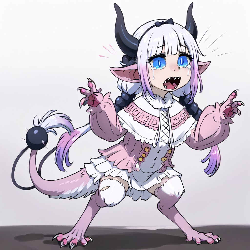 score_9, score_8_up, score_7_up, source_anime, source_furry, realistic, ((bytransform)), ((transformation)), uneven transformation, asymmetrical transformation, mid transformation, dynamic pose, full body, human girl, petite cute, scared, terrified, screaming, crying, Kanna_Kamui to yinglet transformation, blue_eyes, slit_pupils, pink_hair, low_twintails, long_hair, blunt_bangs, gradient_hair, flat_chest, dragon_horns, tail, hair_beads, black_hairband, hair_bow, black_bow, hybrid human yinglet feet, [digitigrade legs], hybrid human yinglet hands, looking at self in shock, shocked expression, scared expression, scared body language, (Kanna_Kamui transforming into a yinglet), multibreast, covered multibreast, 4breast, torn clothing, oversized clothing, clothes falling off, frilled_dress, pink_dress, frilled_capelet, fur-trimmed_capelet, white_capelet, white_thighhighs, puffy_long_sleeves, pink_sleeves, 1girl, solo, (hybrid colored fur:0.5), monster girl, realistic, (tail), (cutie, young, soft features:1.1), long ears, small body, diminutive, short body, petite cute, nubile 18yo girl, Expressiveh, snout, pained expression, wincing face