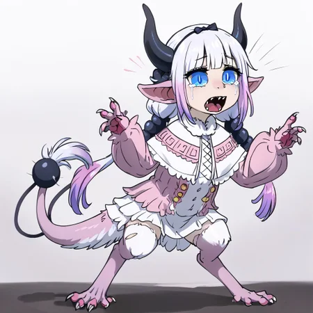 score_9, score_8_up, score_7_up, source_anime, source_furry, realistic, ((bytransform)), ((transformation)), uneven transformation, asymmetrical transformation, mid transformation, dynamic pose, full body, human girl, petite cute, scared, terrified, screaming, crying, Kanna_Kamui to yinglet transformation, blue_eyes, slit_pupils, pink_hair, low_twintails, long_hair, blunt_bangs, gradient_hair, flat_chest, dragon_horns, tail, hair_beads, black_hairband, hair_bow, black_bow, hybrid human yinglet feet, [digitigrade legs], hybrid human yinglet hands, looking at self in shock, shocked expression, scared expression, scared body language, (Kanna_Kamui transforming into a yinglet), multibreast, covered multibreast, 4breast, torn clothing, oversized clothing, clothes falling off, frilled_dress, pink_dress, frilled_capelet, fur-trimmed_capelet, white_capelet, white_thighhighs, puffy_long_sleeves, pink_sleeves, 1girl, solo, (hybrid colored fur:0.5), monster girl, realistic, (tail), (cutie, young, soft features:1.1), long ears, small body, diminutive, short body, petite cute, nubile 18yo girl, Expressiveh, snout, pained expression, wincing face