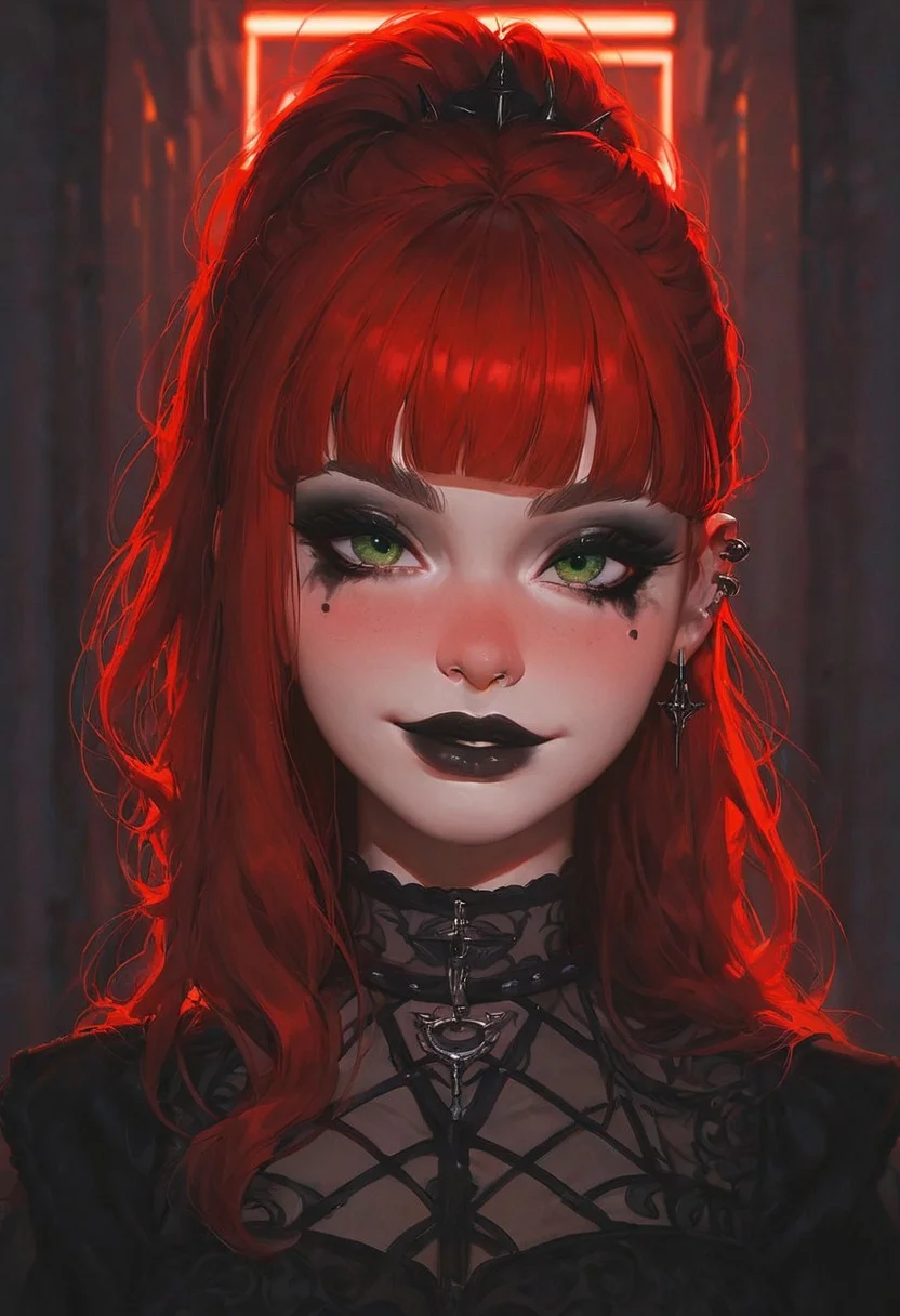 score_9, score_8_up, score_7_up, 1girl, sexy face, ponytail style hair, sexy , cute face , kawai girl, bangs, long red hair, green eyes, nose blush, godrays, goth girl, seductive smile, close up on face, beautiful detailed eyes, beautiful face, highly detailed face, neon lights, hallway, glowing, eye liner, mascara, black lipstick, goth, goth fashion, red hair
