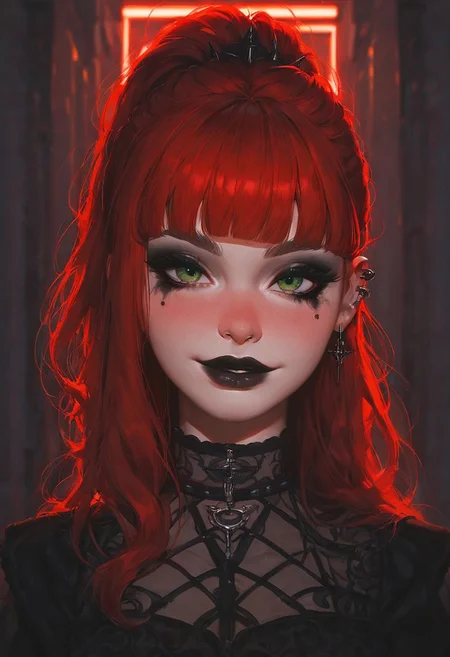 score_9, score_8_up, score_7_up, 1girl, sexy face, ponytail style hair, sexy , cute face , kawai girl, bangs, long red hair, green eyes, nose blush, godrays, goth girl, seductive smile, close up on face, beautiful detailed eyes, beautiful face, highly detailed face, neon lights, hallway, glowing, eye liner, mascara, black lipstick, goth, goth fashion, red hair