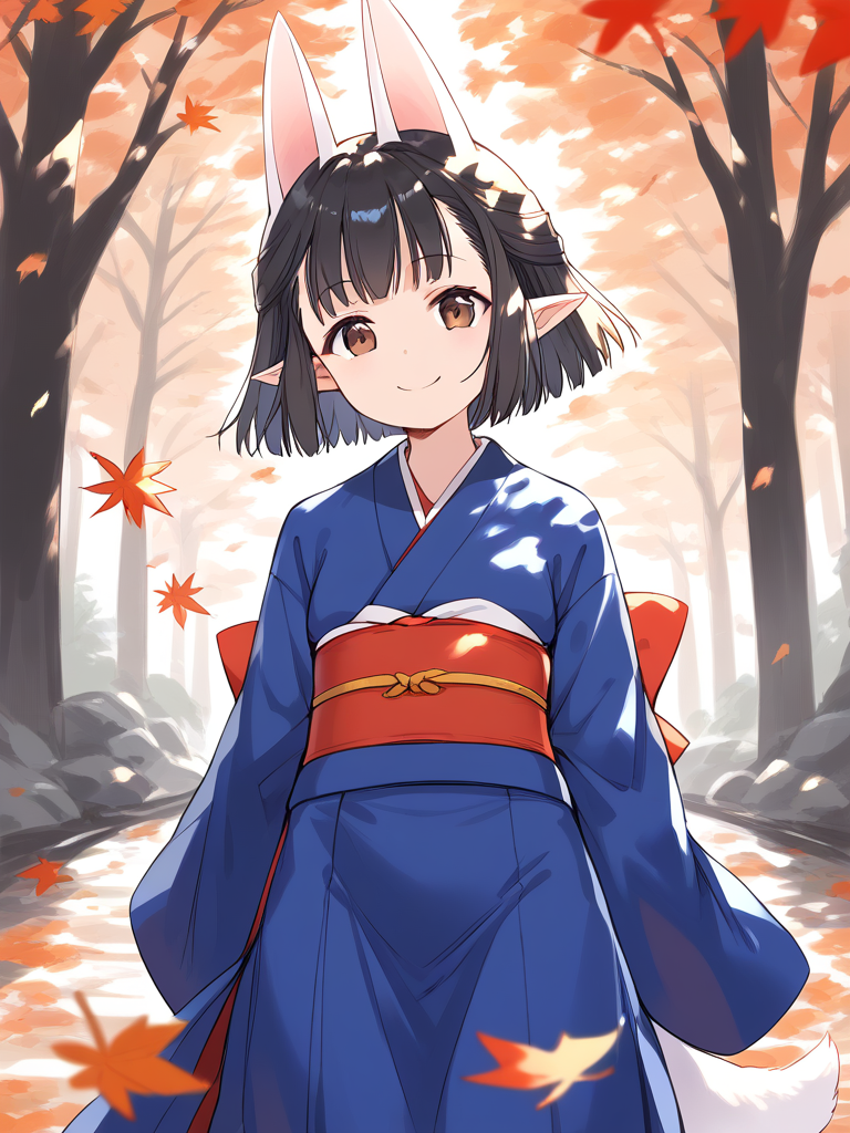 score_9, score_8_up, score_7_up, source_anime, rating_explicit, BREAK  <lora:Hasaha_XL:1> Hasaha, animal ears, black hair, brown eyes, pointy ears, short hair, white tail, short stack, 
japanese clothes, blue kimono, blue long skirt, sash, obi, fallen leaves, autumn, day, 
smile,  looking at viewer, cowboy_Shot,