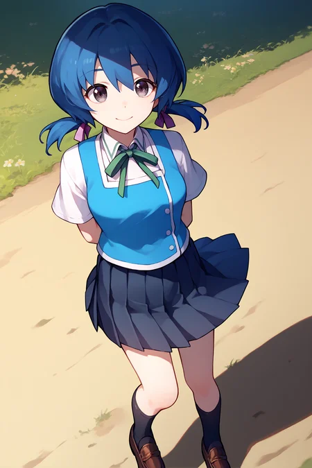 score_9, score_8_up, score_7_up, score_6_up, source_anime, 1girl, solo <lora:funabori-pdxl-nvwls-v1-000005:1> funabori, grey eyes, short twintails, blue vest, white shirt, neck ribbon, short sleeves, black skirt, pleated skirt, socks, loafers, from above, smile, arms behind back, closed mouth, happy, medium breasts, outdoors, field