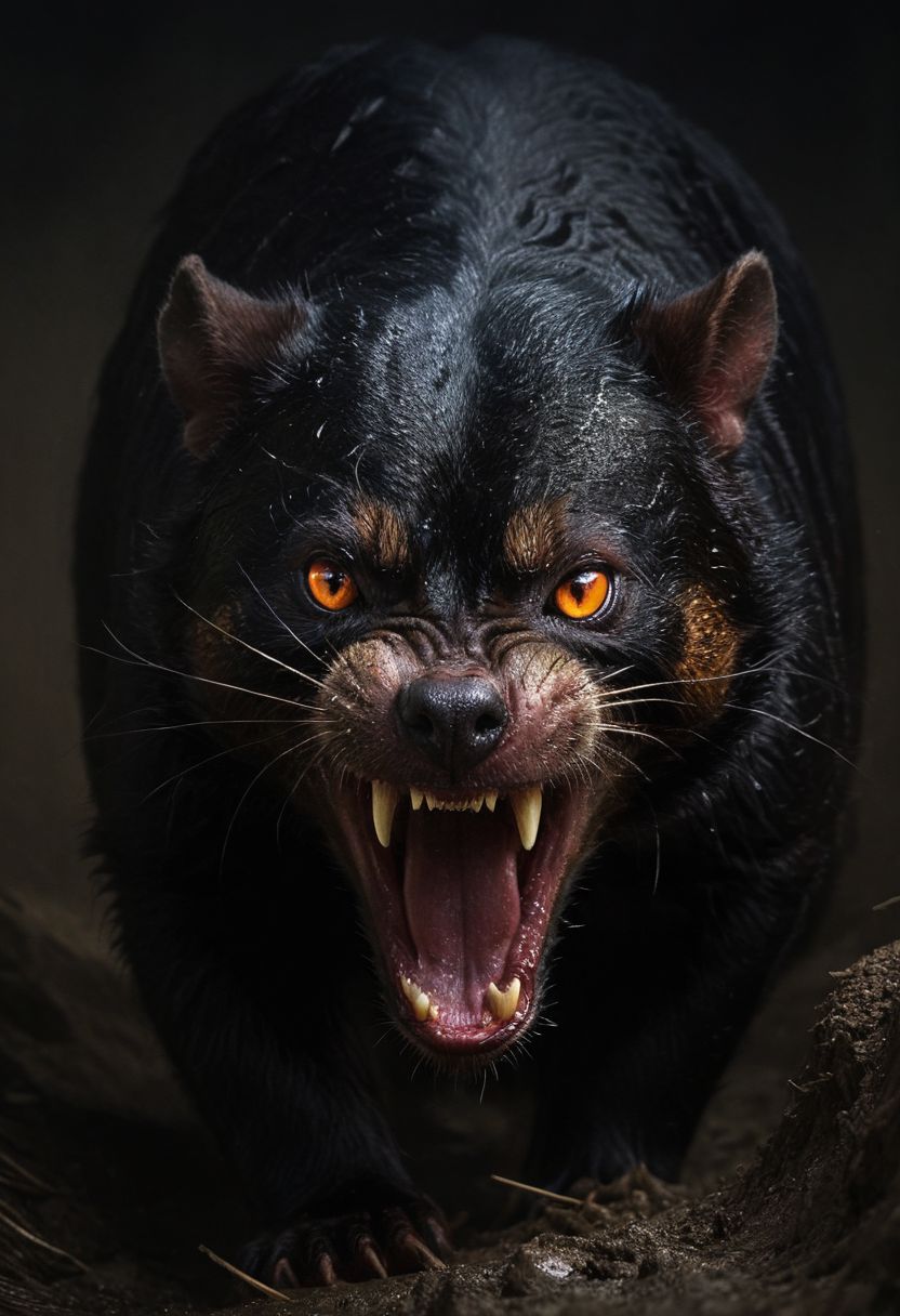 bblack sparkling wet wild fur, abstract horror, approaching perfection, dynamic, highly detailed, digital painting, art station, concept art, smooth, sharp focus, illustration, good shadows, dim lit, devoid of color, low light, back light, hidden, obscured, masterpiece, best quality, intricate detailed, hyperrealistic, horror, tasmanian devil, dirty brown fur, red glowing eyes, yellow ugly teeth, emerges from wastewater, detailed background, darkness, dirt, waste, horrific scenery,