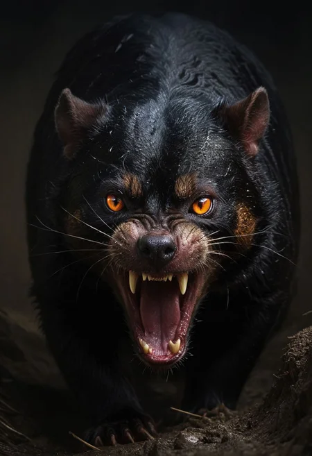 bblack sparkling wet wild fur, abstract horror, approaching perfection, dynamic, highly detailed, digital painting, art station, concept art, smooth, sharp focus, illustration, good shadows, dim lit, devoid of color, low light, back light, hidden, obscured, masterpiece, best quality, intricate detailed, hyperrealistic, horror, tasmanian devil, dirty brown fur, red glowing eyes, yellow ugly teeth, emerges from wastewater, detailed background, darkness, dirt, waste, horrific scenery,