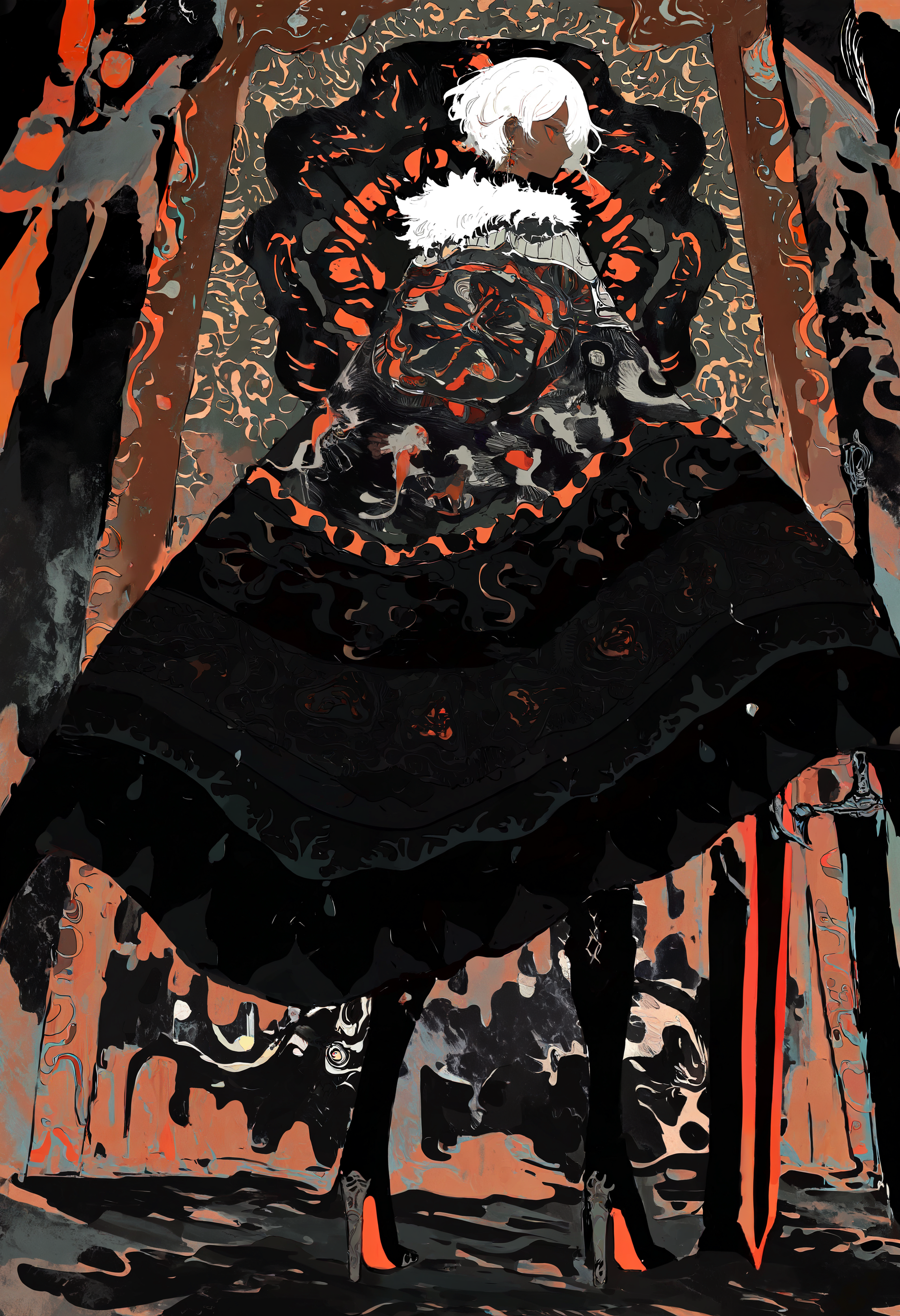 masterpiece, highres, absurdres, newest, very awa, (muted color, unfinished, limited palette),   1girl, solo, dark-skinned female, white hair, orange eyes, dangle earrings, high heel boots, black boots, tapestry cape, fur trim,   looking back, tapestry, intricate background, back view, upper body, standing, planted swords,  <lora:spo_sdxl_10ep_4k-data_lora_webui>,  <lora:NOOB_EPSv1_1_detailer_by_vlnvk_v1_0>, <lora:mon_monmon2133>,  <lora:noobai_ep11_stabilizer_v0.30_fp16>