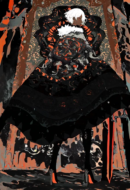 masterpiece, highres, absurdres, newest, very awa, (muted color, unfinished, limited palette), 1girl, solo, dark-skinned female, white hair, orange eyes, dangle earrings, high heel boots, black boots, tapestry cape, fur trim, looking back, tapestry, intricate background, back view, upper body, standing, planted swords, <lora:spo_sdxl_10ep_4k-data_lora_webui>, <lora:NOOB_EPSv1_1_detailer_by_vlnvk_v1_0>, <lora:mon_monmon2133>, <lora:noobai_ep11_stabilizer_v0.30_fp16>