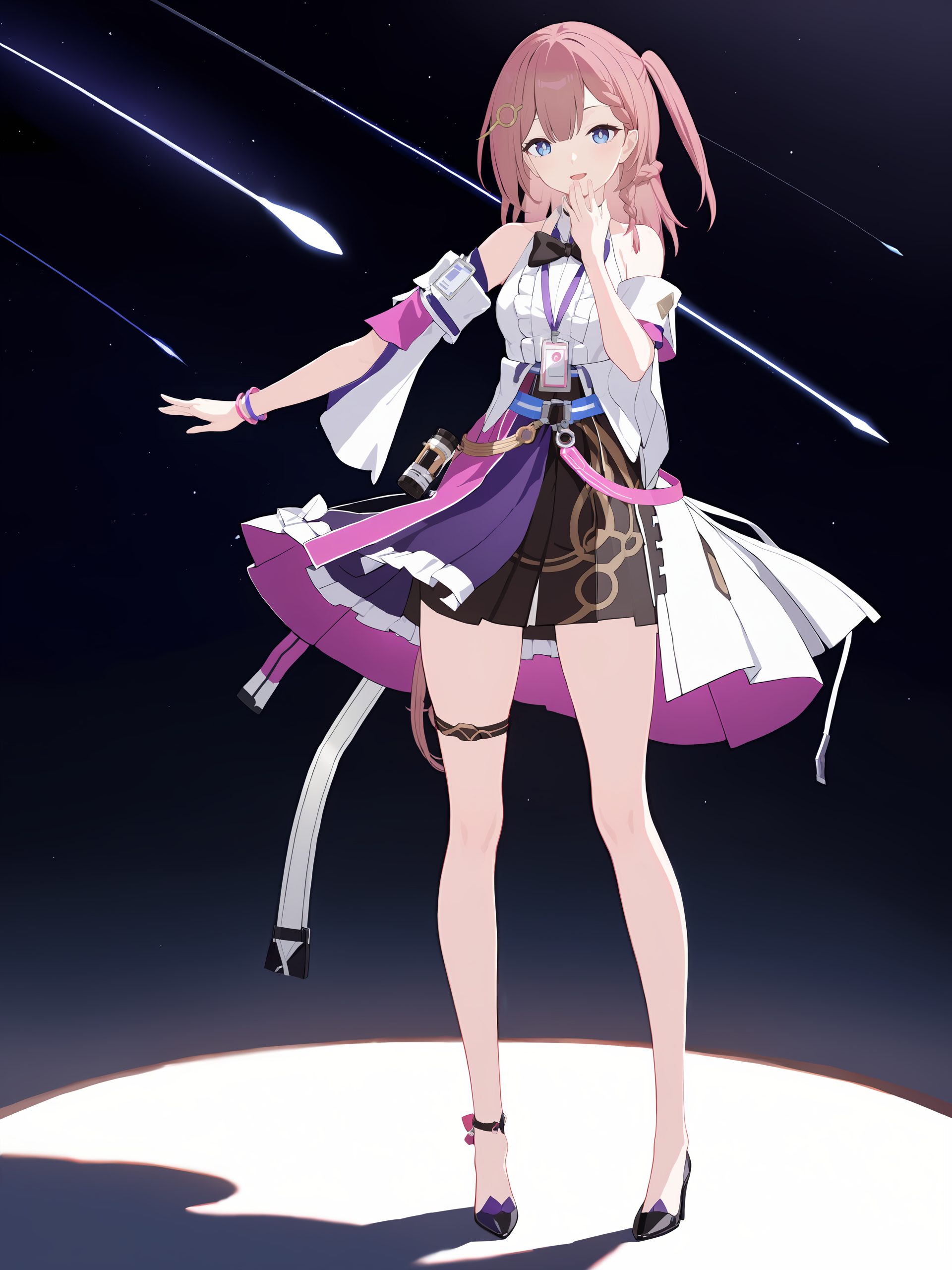 1girl, asta \(honkai: star rail\), detached sleeves, sleeveless shirt, id card, high heels, high-waist skirt, overskirt, anklet, thigh strap, bracelet, hairpin, belt, bowtie, choker, looking at viewer, starry sky, shooting star, smile, open mouth, hand to own mouth, full body, standing  <lora:Char-HonkaiSR-Asta-XL-V1:0.8> <lora:XL-tool-extremely_detailed:1>, masterpiece, best quality, perfect features, extremely detailed, intricate details, ray tracing, very aesthetic, (hitenkei, askzy:0.4)