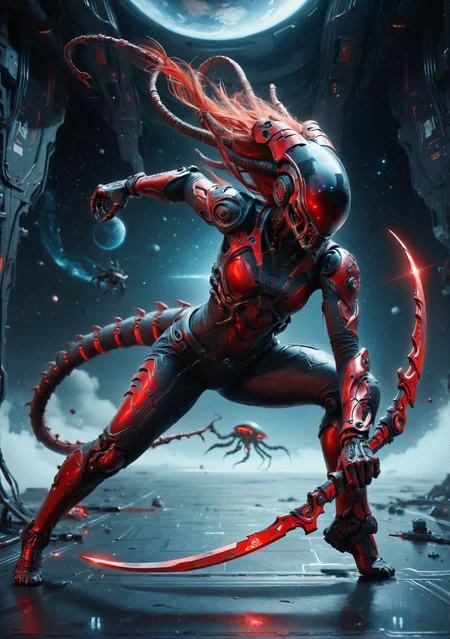 score_9, score_8_up, score_7_up, score_6_up, MyNewFantasy, mytic space, weightless, cyborg, scorpion, metal, full body, battle, red sword, cool pose, scorpion tail, black hall,