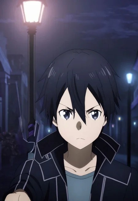 high resolution, solo, best quality, 1Boy, Kazuto Kirigaya, Black Hair, Black Eyes, portrait, midnight, dim street lights, mysterious, threatening, sword, aiming sword, OverallDetail
