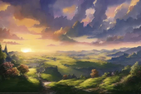 walled city in the distance, forested hills, sun in sky, clouds, creek, dirt path, watercolor, <lora:FantasyLandscape:1>