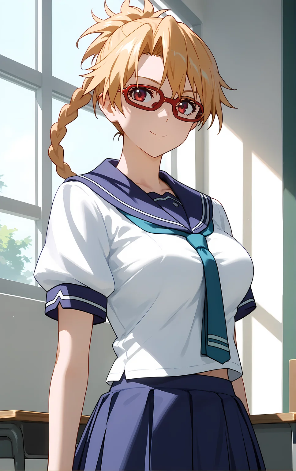 (score_9, score_8_up, score_7_up), standing, looking at viewer, closed mouth, light smile, tight clothes, close-up,
ohwx, 1girl, solo, school_uniform, glasses, braid, breasts, skirt, blonde_hair, red-framed_eyewear, pleated_skirt, large_breasts, serafuku, long_hair, blue_skirt, necktie, ponytail, sailor_collar,
<lora:furan_takaki_pony_ss:1>
window, sunlight, classroom,