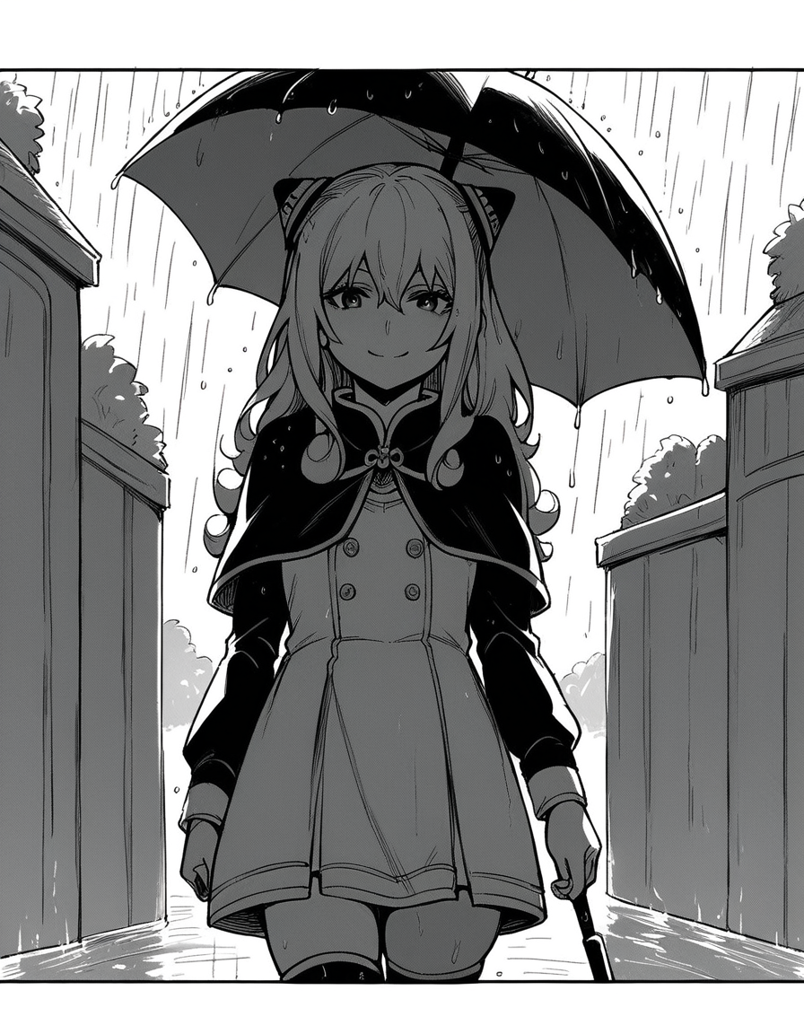 score_9, score_8_up, score_7_up, source_anime, <lora:ashe-talton-manga-ponyxl-lora-nochekaiser:1>, rengoku ashe, long hair, greyscale, monochrome,, thighhighs, long sleeves, capelet, cape, dress, white dress,, rainy day, umbrella, walking home, puddles, wet hair, smile, looking at viewer, solo,, cowboy shot, dutch angle