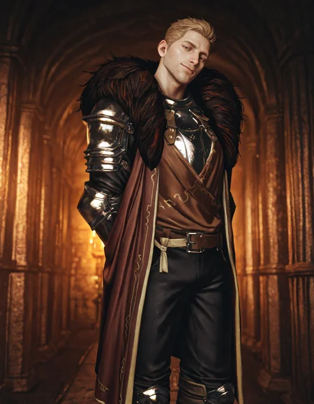 masterpiece, best quality, absurdres, newest, perfect quality, best quality, absolutely eye-catching, detailed background, intricate details, male focus, realistic, solo, <lora:Dragon Age - Cullen Rutherford - Illustrious:0.7> cullen_rutherford, brown eyes, fur-trimmed cloak, pauldrons, breastplate, shirt, gauntlets, gloves, belt, black pants, boots, head tilt, looking at viewer, arms behind back
