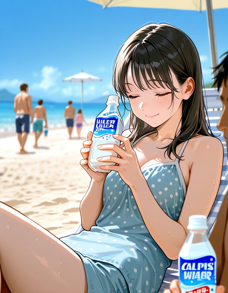 score_7_up, anime BREAK official art, 
<lora:Calpis_Water:1>, Calpis Water, 
day, blurry, outdoors, closed eyes, beach, beach umbrella, multiple girls, plastic bottle, depth of field, smile, holding, solo focus, closed mouth, holding bottle, bare shoulders, multiple boys, polka dot, beach, 
(masterpiece:1.3), best quality, high resolution, unity 8k wallpaper, extremely detailed CG, 8K, (watercolor \(medium\), muted color, sketch:1.1), perfect anatomy, highly finished, masterpiece, best quality, high quality, amazing quality, great quality, very aesthetic, ultra detailed, highres, absurdres, highly detailed, highly detailed background,