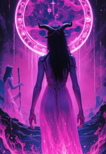 Styled by Katsuhiro Otomo, (tarrot card) showing excess and seduction, slaanesh, pink, purple, runes, (Synthwave) , abstract lines , (minimalism 1), ray tracing details in the style of Stephen Gammell.