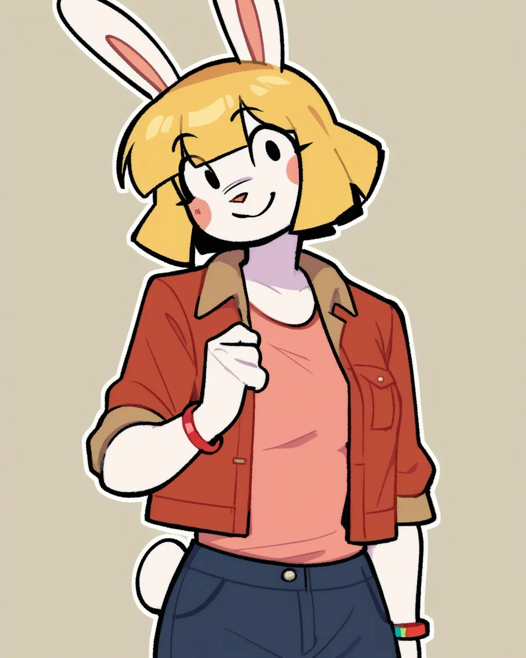 score_9_up, score_8_up, score_7_up, score_6_up, furry female, half-length portrait, female, furry, rabbit, rabbit ears, black eyes, open jacket, shirt, bracelet, shorts, blonde hair, short hair, tail, medium breasts, looking at viewer, smile, happy, head tilt, solo, three-quarter view, simple background, white outline,, <lora:Leah_Pines(AIM)_XL_v1:0.15> <lora:PDXL_artist_tags_v2_big:0.5> <lora:The-Minuscule-Task_PDXL_v1.0:0.6>  <lora:Kami_Soto_pollenpvtch:0.7>