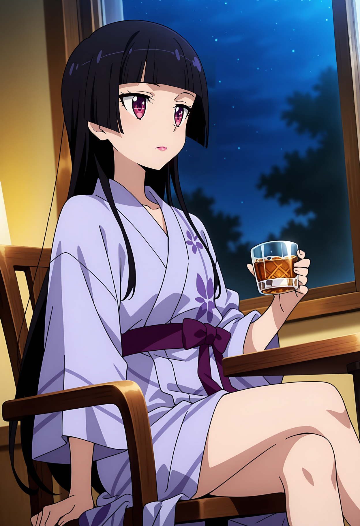 anime screencap, masterpiece, best quality,
<lora:GATE_RoryMercury_IlluXL:0.9>,
1girl, solo, expressionless,
hime cut, long hair, blunt bangs, black hair, multicolored eyes, lips,
bath yukata, purple kimono, purple sash,
holding cup,  whiskey, table,
sitting, crossed legs, looking outside, from angle,
indoors, chair, window, night, night sky, dark, blurry background