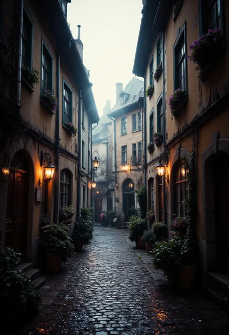 Narrow cobblestone street in an old European village, quaint houses with flower boxes, lanterns casting warm light, early morning mist
detailmaximizer, midjourneyv6.1, secretlab