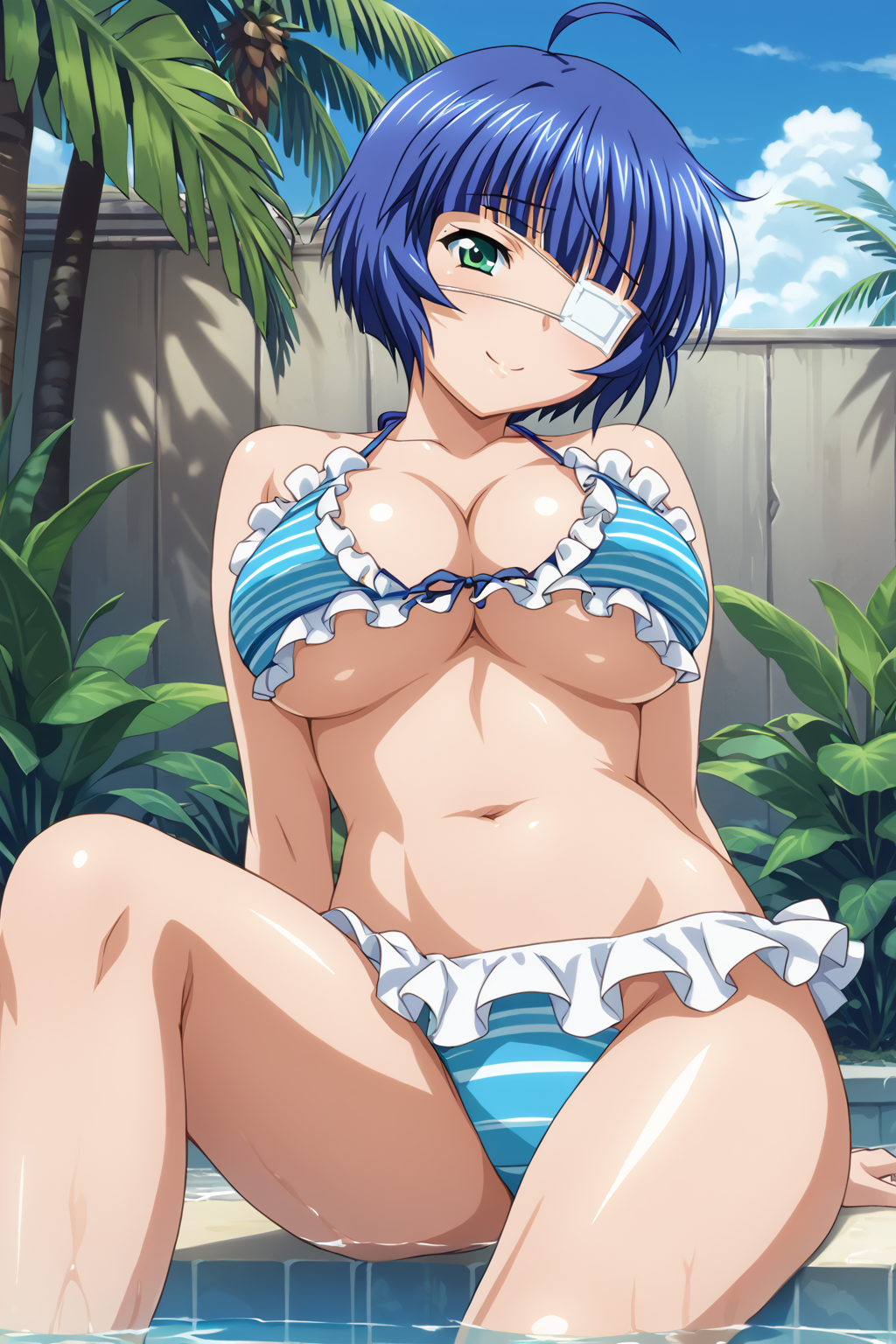 score_9, score_8_up, score_7_up, BREAK source_anime, masterpiece, anime screencap, shiny skin,
1girl, ryomou shimei, short hair, ahoge, blue hair, green eyes, medical eyepatch, large breasts,  <lora:ryomou_pony:1>
frills bikini, under boob, smile,