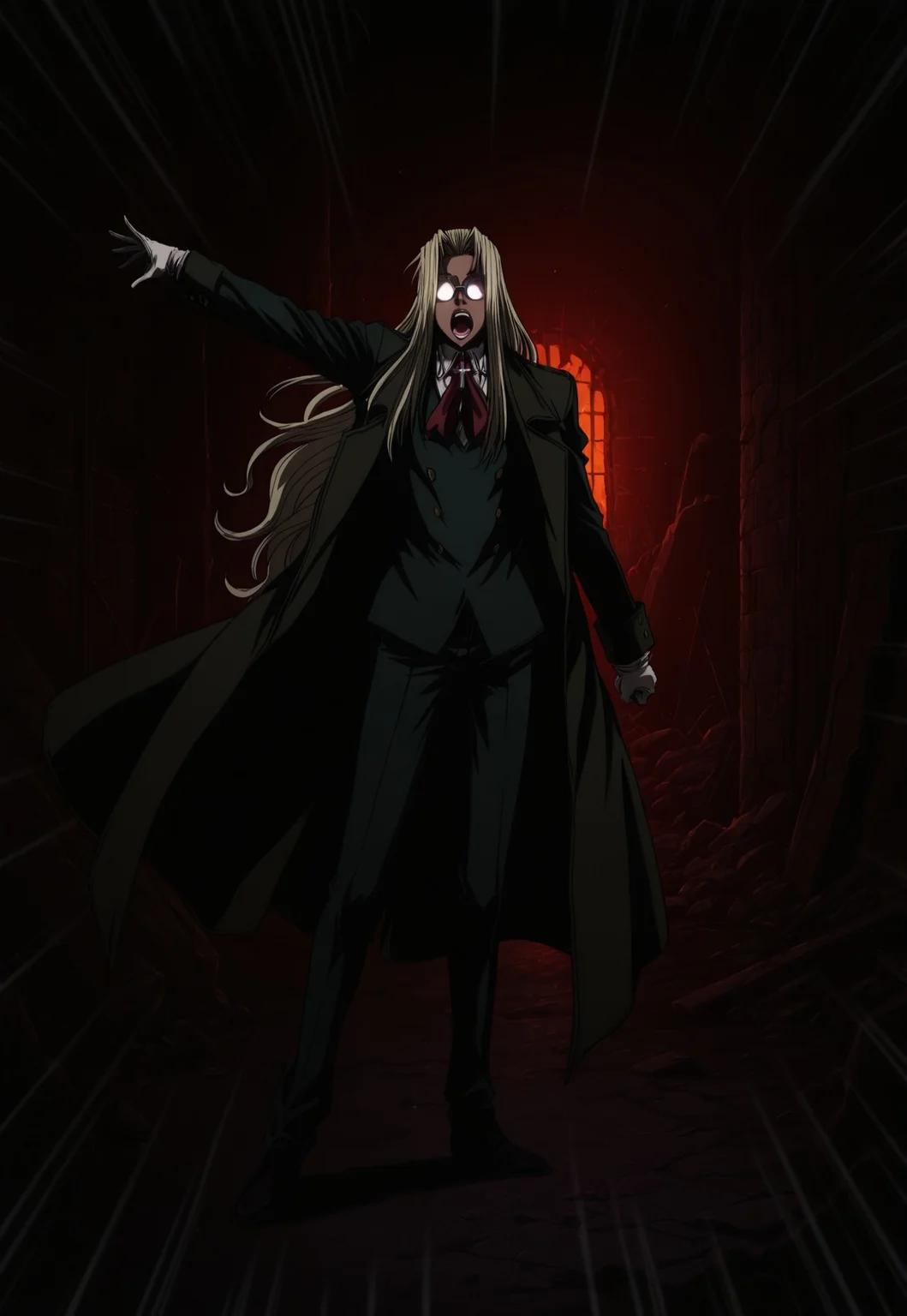 masterpiece,best quality,amazing quality, IntegraHellsing, 1girl, solo, blonde hair, very long hair, dark skin, opaque glasses, glowing glasses, glasses, round eyewear, green overcoat, red ascot, cross, green jacket, white shirt, white gloves, green suit, green pants, black shoes, standing, shouting, outstretched arm, emphasis lines, ruins, dark, night, dynamic pose, perspective