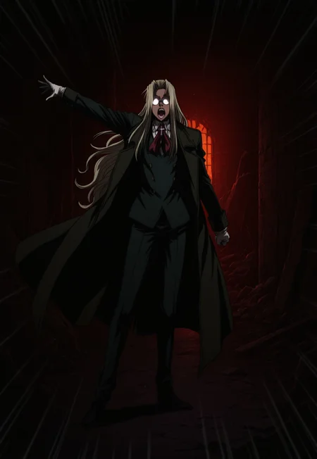 masterpiece,best quality,amazing quality, IntegraHellsing, 1girl, solo, blonde hair, very long hair, dark skin, opaque glasses, glowing glasses, glasses, round eyewear, green overcoat, red ascot, cross, green jacket, white shirt, white gloves, green suit, green pants, black shoes, standing, shouting, outstretched arm, emphasis lines, ruins, dark, night, dynamic pose, perspective