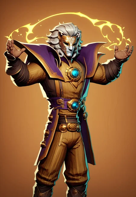 masterpiece, best quality, amazing quality, very aesthetic, absurdres, intricate details, 4k, semi-realistic, cartoon, fantasy, energy around, aura, dynamic pose, fighting stance, score_9, score_8_up, score_7_up, tall man, lanky man, <lora:AMarvelRivals_style:1> marvelrivals. masked warrior, white mask, wavy short white hair, golden hair tips, intricate engravings, mysterious man, purple patterned shirt, open collar, beige striped pants, brown leather boots, ornate rapier, sheath, dramatic pose, light blue swishing shoulder cape, white lion pauldron, lion pauldron, fantasy adventurer, confident stance, nobility, mysterious, theatrical, young and lanky,
