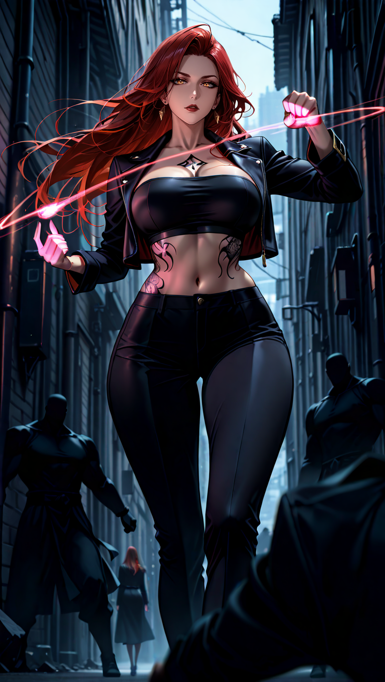 best, quality, masterpiece, amazing quality, very aesthetic, high resolution, ultra-detailed, depth of field, volumetric lighting, highly detailed, 8k, newest, BREAK, absurdres,solo,masterpiece ,best quality,1girl,looking_at_viewer,,long-hair,forehead,red_hair, tube_top,cropped_jacket,pajamas,dark_contrast,dark scheme,Dramatic Power Stance,The character standing with legs wide apart, fists clenched and glowing with power, their chest puffed out and an intense expression of confidence on their face,midriff_tattoo,snake_design midriff,_ tattoo,midriff,navel,(wide midriff:1.0), thick,Noir Lighting,bodybuilder,beefy,(muscular_body:1.0),wide hips,(wide_waist:1.0) midriff focus,ultra-detailed ,finely detailed ,high resolution ,perfect dynamic composition ,detailed eyes ,Noir lighting ,detailed background ,depth of fields ,perfect proportion ,harmonious composition, high quality,4k,baddie,A dimly lit alleyway, with strong backlighting from a streetlamp casting long, sharp shadows, and a mysterious silhouette against the fog