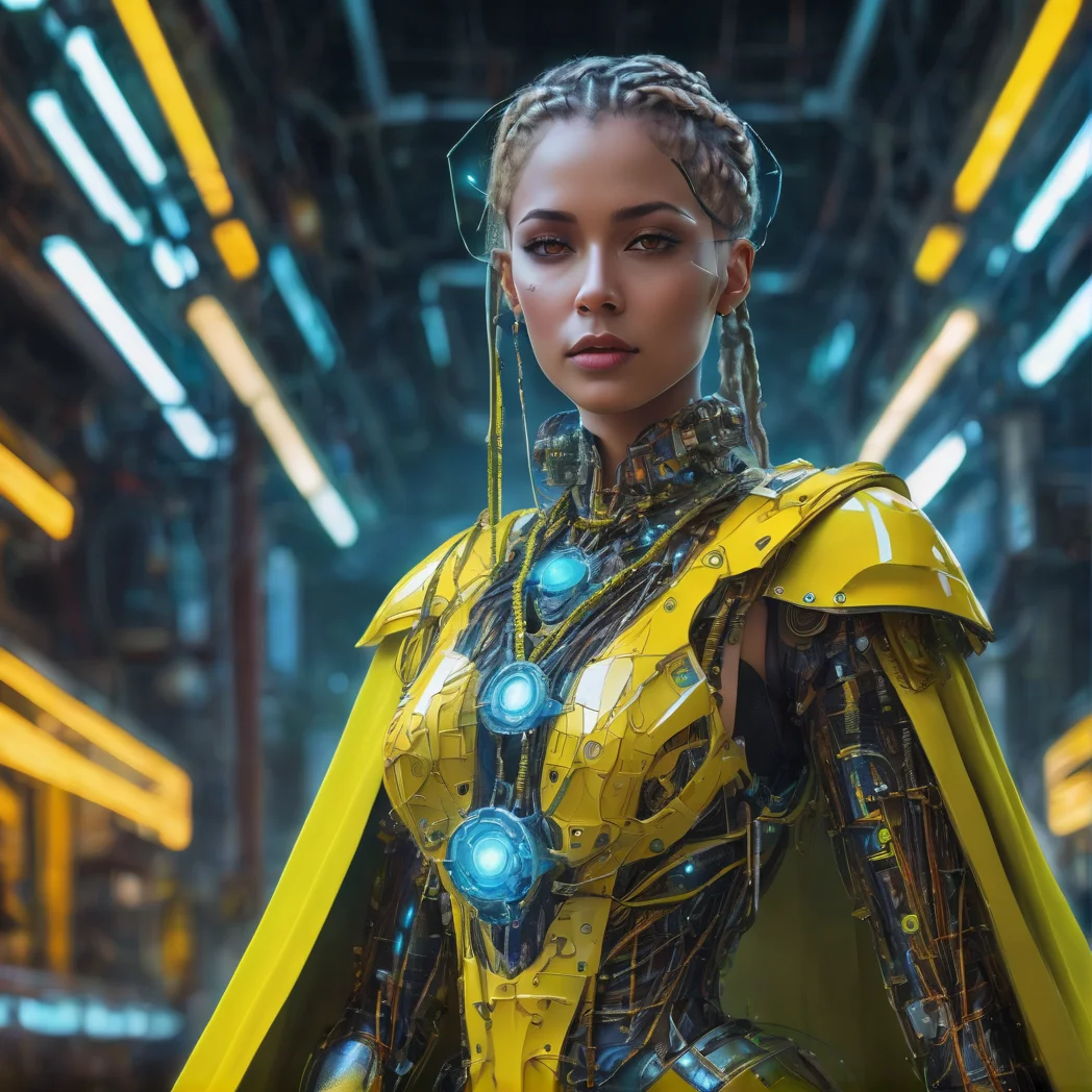 girl, woman, age 32, braided hair, full body, asymmetrical fashion, cape made of neon wires, yellow plate armor, wearing a crystalline circuit board style pendant, detailed face, realistic, exposed circuitry, android, scifi fantasy scene setting, scifi, cyborg, posing, hydraulic pistons, robotic ass