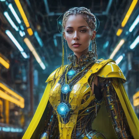 girl, woman, age 32, braided hair, full body, asymmetrical fashion, cape made of neon wires, yellow plate armor, wearing a crystalline circuit board style pendant, detailed face, realistic, exposed circuitry, android, scifi fantasy scene setting, scifi, cyborg, posing, hydraulic pistons, robotic ass