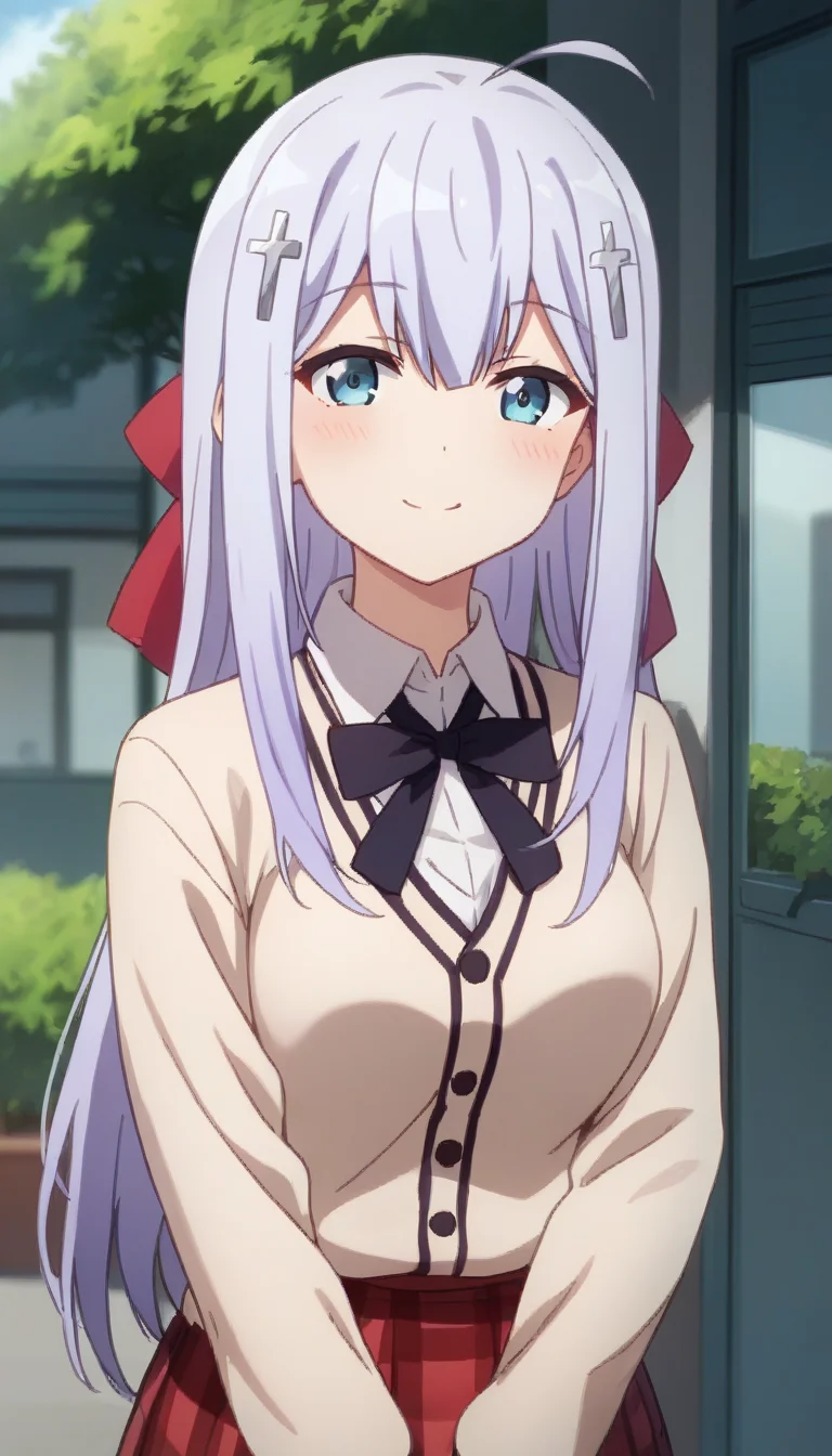 score_9,score_8_up,score_7_up,score_6_up BREAK official art,solo,outdoors,upper body,(portrait:1.5),looking at viewer,facing viewer,smile,blush,Raphiel Shiraha Ainsworth,ahoge,long hair,light purple hair,cross hair ornament,hair bow,sidelocks,hair between eyes,beige cardigan,neck ribbon,black ribbon,collared shirt,white shirt,long sleeves,medium breasts,plaid skirt,pleated skirt,red skirt,black socks,loafers,<lora:Raphiel Shiraha Ainsworth(gd)-Pony:1.5>,
