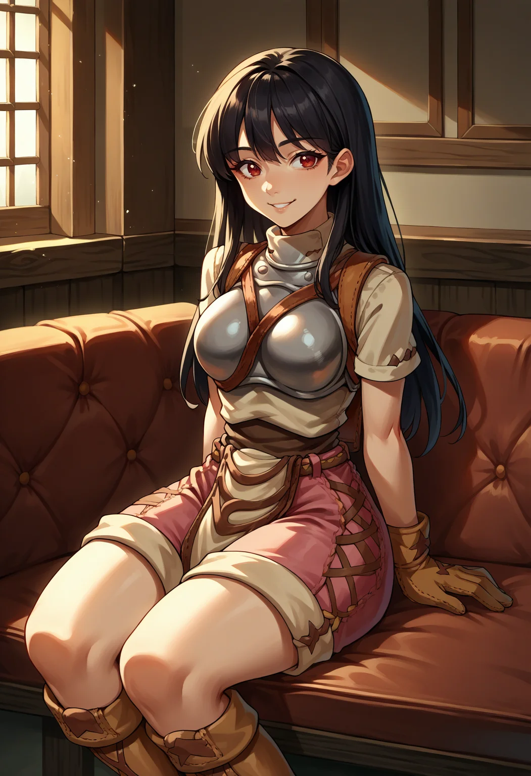 score_9, score_8_up, source_anime, 1girl, solo, black hair, long hair, red eyes, thighs, NoviceClothes, breastplate, brown belt, backpack, pink shorts, pelvic curtain, brown gloves, brown boots, smile, sitting, indoors, on couch, thick thighs, <lora:ChamRagnarokOnlineNovicePonyXL:1>