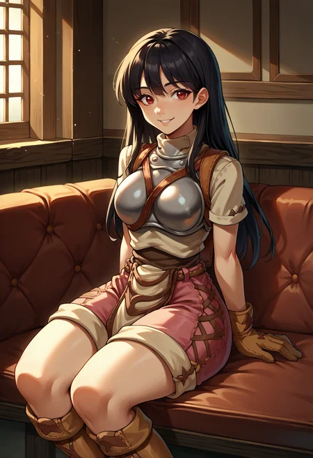 score_9, score_8_up, source_anime, 1girl, solo, black hair, long hair, red eyes, thighs, NoviceClothes, breastplate, brown belt, backpack, pink shorts, pelvic curtain, brown gloves, brown boots, smile, sitting, indoors, on couch, thick thighs, <lora:ChamRagnarokOnlineNovicePonyXL:1>