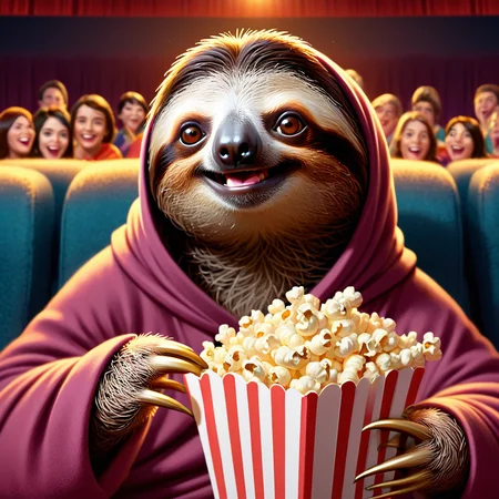concept art <lora:sl0th-000007:0.7> , sloth wearing a snuggie, in a movie theater, excitedly eating popcorn, digital artwork, illustrative, painterly, matte painting, highly detailed