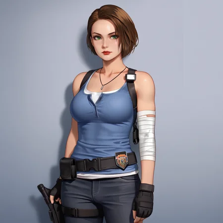 <lora:jillresidentevil3remake_pony_v1:.9>  JillValentineResidentEvil3Remake, 1girl, fingerless gloves, jill valentine, brown hair, short hair, tank top, pants, bandages, large breasts, holster, jewelry, green eyes, belt, necklace, denim, red lips, black gloves, bare shoulders, cowboy shot