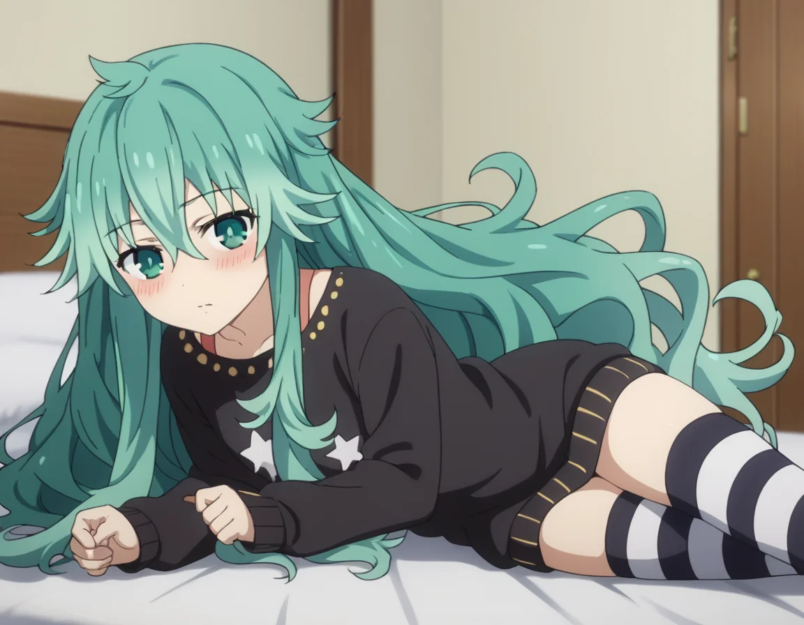 score_9, score_8_up, score_7_up, source_anime,
natsumikyouno, <lora:natsumi-kyouno-s4s5-ponyxl-lora-nochekaiser:1>,
natsumi kyouno, long hair, very long hair, green hair, aqua hair, green eyes,
thighhighs, long sleeves, striped, star \(symbol\), sweater, striped thighhighs, star print,
indoors, bed, bed room, on side, blush, drunk,
looking at viewer, solo, cowboy shot, dutch angle,
