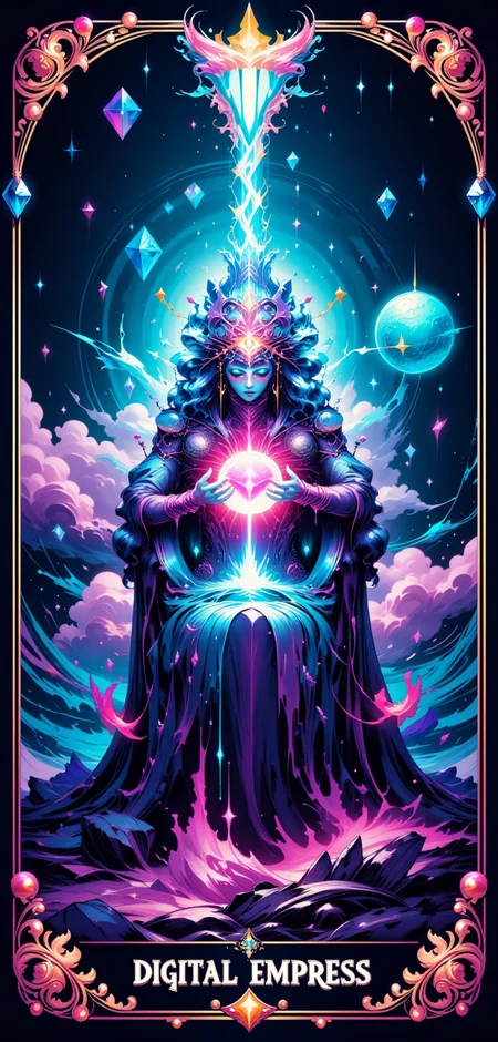 "A stylized Tarot card titled 'The Digital Empress,' featuring a regal, ethereal figure seated on a throne of glowing, crystalline circuitry. The Empress, adorned in a gown made of flowing, iridescent fabric that shifts between shades of deep blue and violet, holds a holographic orb in her hand, within which swirls a galaxy of stars and cosmic energies. Her crown is a delicate, intricate network of luminous wires and gemstones, pulsating softly with otherworldly light. The background is a dreamlike blend of neon-infused clouds and geometric patterns, creating a sense of surreal majesty. The cardâs border is decorated with intricate, floral motifs intertwined with sleek, technological elements, glowing softly in vibrant hues of turquoise and magenta."
<lora:abstract_render_flux:0.4>,<lora:Painted_World_Flux:0.8>,<lora:Dreamwave_FLUX:0.6>,<lora:dreamlands_flux:0.6>,