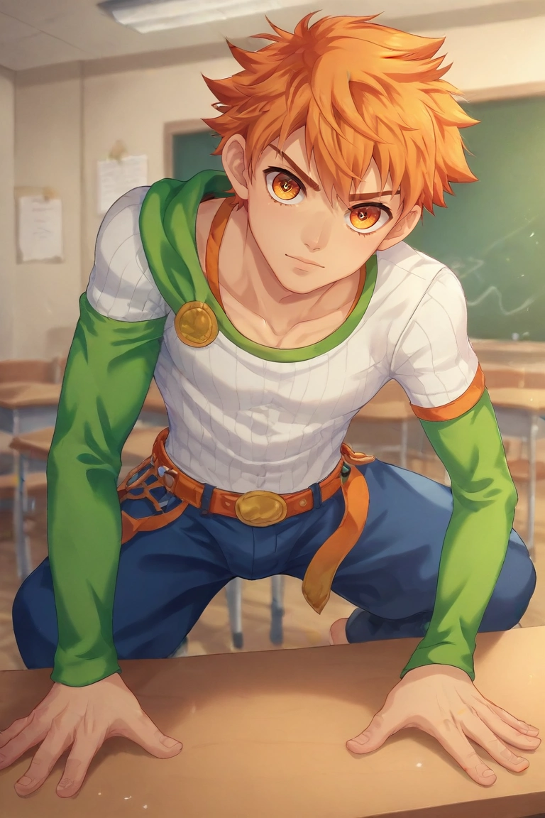 score_9, score_8_up, score_7_up, , rating_safe, intricate details, (photorealistic:0.6), looking at viewer, depth of field, 1boy, solo, male focus, <lora:jirou_camp_buddy_pony:0.92>, jirou_camp_buddy, orange hair, orange eyes, , rule of thirds, classroom, indoors, light, jojo pose, sparkling eyes, , <lora:sdxl_lightning_8step_lora:1>