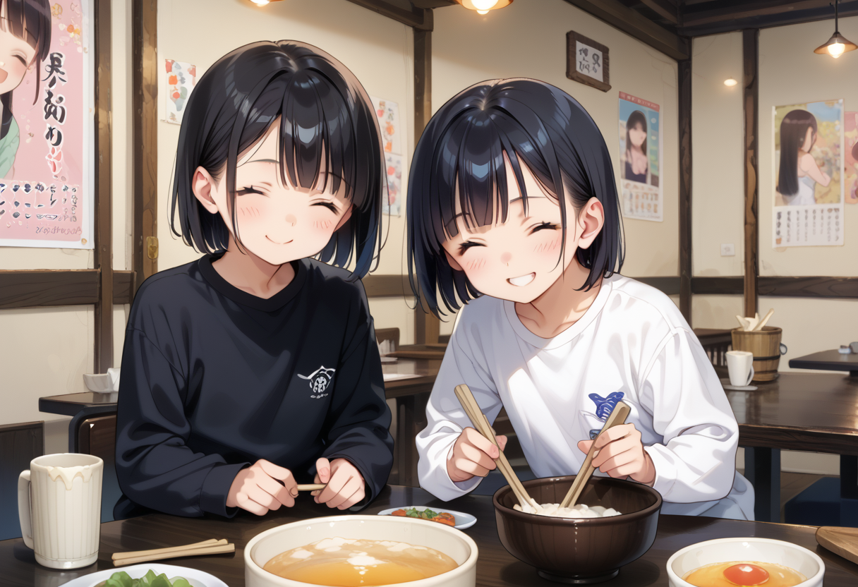 score_9, score_8_up, score_7_up, rating_safe, masterpiece, best quality, absurdres, unity 8k wallpaper, official art, official style, source_anime, game cg, megami magazine,
murayakuba, izakaya, black hair, multiple girls, shirt, cup, holding, beer mug, black shirt, chopsticks, bowl, closed eyes, indoors, table, food, short hair, sitting, smile, white shirt, jacket, long sleeves, poster (object)
 <lora:murayakuba_pony_V1:1>