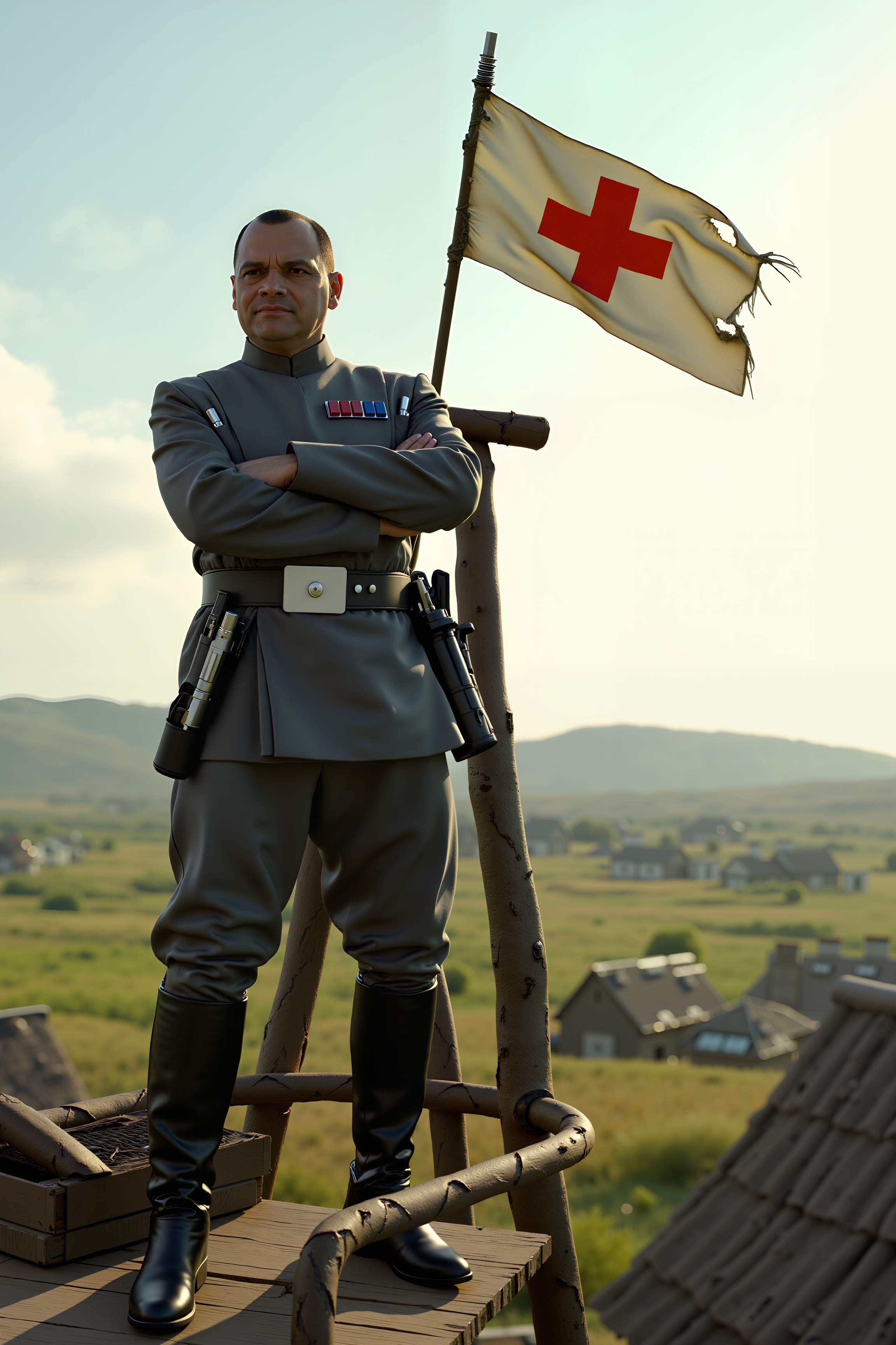 Perched atop a wooden watchtower in a peaceful countryside village, an imperial officer stands with his arms crossed, surveying the landscape with a cold, calculating stare. His uniform remains impeccably sharp despite the rustic surroundings, and a longsword hangs from his belt in place of a blaster. A tattered banner flutters beside him, bearing the crest of the village rather than the Empire, though his presence suggests a level of discipline unseen in the sleepy settlement below. The sun casts long shadows across the rolling hills, illuminating the officerâs polished boots as he remains ever vigilant, as if expecting an invasion at any moment.<lora:IMPOFF_FLUX>