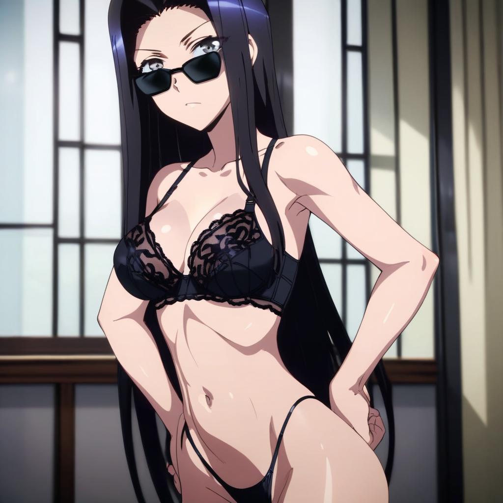 1girl, solo, Ms. Smith,  tall, sexy, long black hair, rectangle sunglasses, medium breasts, flat stomach, wearing black lace bra & thong, indoors standing with hand on hip, looking at viewer