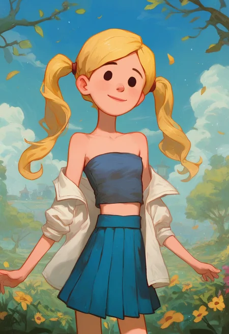 score_9, score_8_up, score_7_up, score_6_up, score_5_up, 1girl, solo,
masterpiece, best quality, absurdes,
<lora:Mean Girl Stole My Work - Instant Karma (Storybooth) (Pony):0.8>
MeanGirl_InstantKarma_Storybooth, blonde hair, pigtails, twintails, long hair, dot eyes,
tubetop, off shoulder, pleated skirt, facing viewer, 
detailed background, outdoors,
<lora:Expressive_H:0.7> Expressiveh,
<lora:add-detail-xl:0.9>