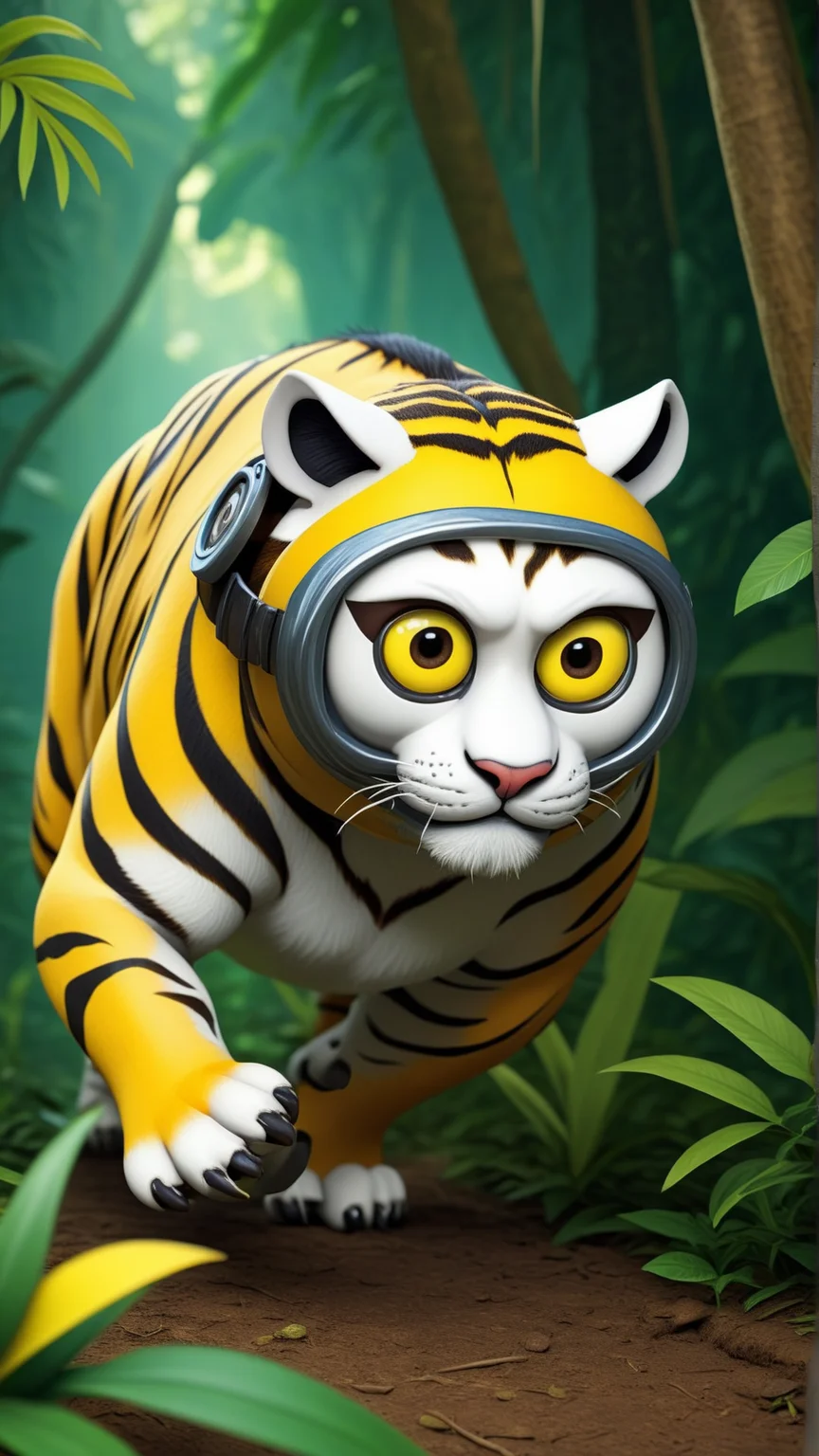 fantasy, archaeology theme, <lora:MinionStyleXL:1> MinionStyle a fierce tiger prowling through the jungle with eyes locked on its prey as a minion