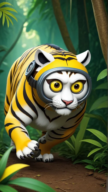 fantasy, archaeology theme, <lora:MinionStyleXL:1> MinionStyle a fierce tiger prowling through the jungle with eyes locked on its prey as a minion