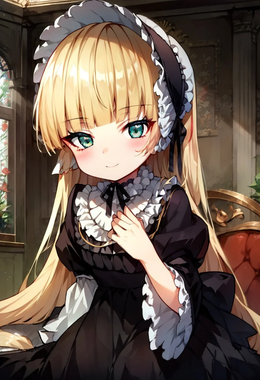 score_9, score_8_up, score_7_up, source_anime, 1girl, solo, flat chest, blush, victorique de blois, blonde hair,long hair,blunt bangs,green eyes,black bonnet, hairband,chin strap, gothic, black dress, long dress, ribbon, frills,pantyhose,black shoes, indoors, smile, looking at viewer, solo, sitting, head rest, table,, cowboy shot, dutch angle,