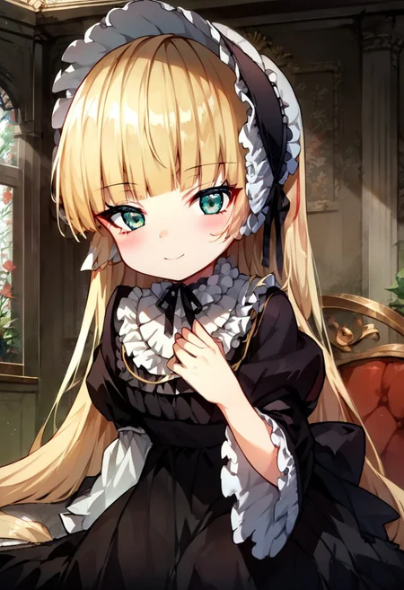 score_9, score_8_up, score_7_up, source_anime, 1girl, solo, flat chest, blush, victorique de blois, blonde hair,long hair,blunt bangs,green eyes,black bonnet, hairband,chin strap, gothic, black dress, long dress, ribbon, frills,pantyhose,black shoes, indoors, smile, looking at viewer, solo, sitting, head rest, table,, cowboy shot, dutch angle,