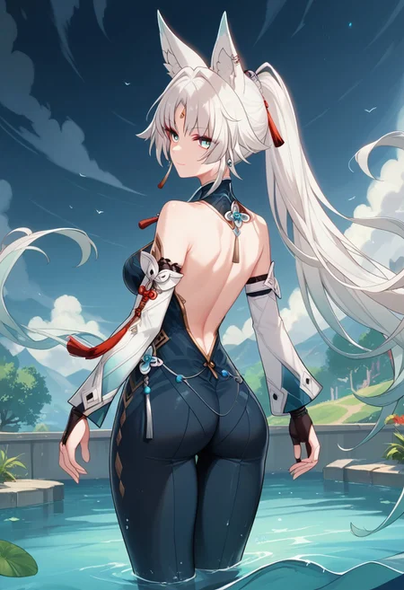 score_9_up, score_8_up, score_7_up, extreamly detailed, beautiful detailed face, complex detailed background, 1girl, BREAK, FEI XIAO, fullbody, look back