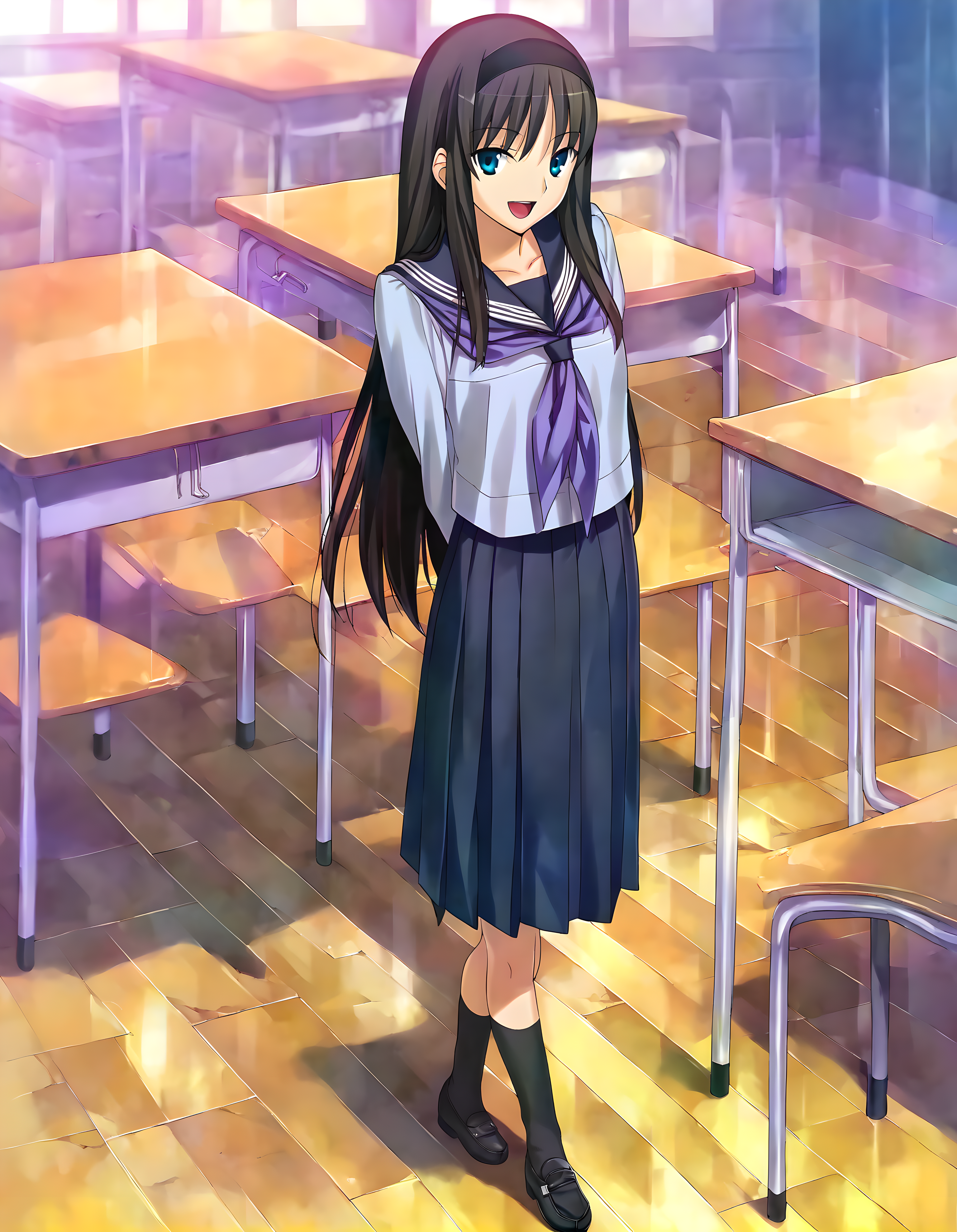 <lora:pony_xl_akiha:1>,akiha,best quality,masterpiece,super fine illustration,1girl,solo,looking at viewer,school uniform,sailor collar,serafuku,blue shirt,long sleeves,purple neckerchief,blue neckerchief,black skirt,pleated skirt,black socks,kneehighs,black footwear,loafers,classroom,full body,standing,arms_behind_back,smile,;d,open mouth,