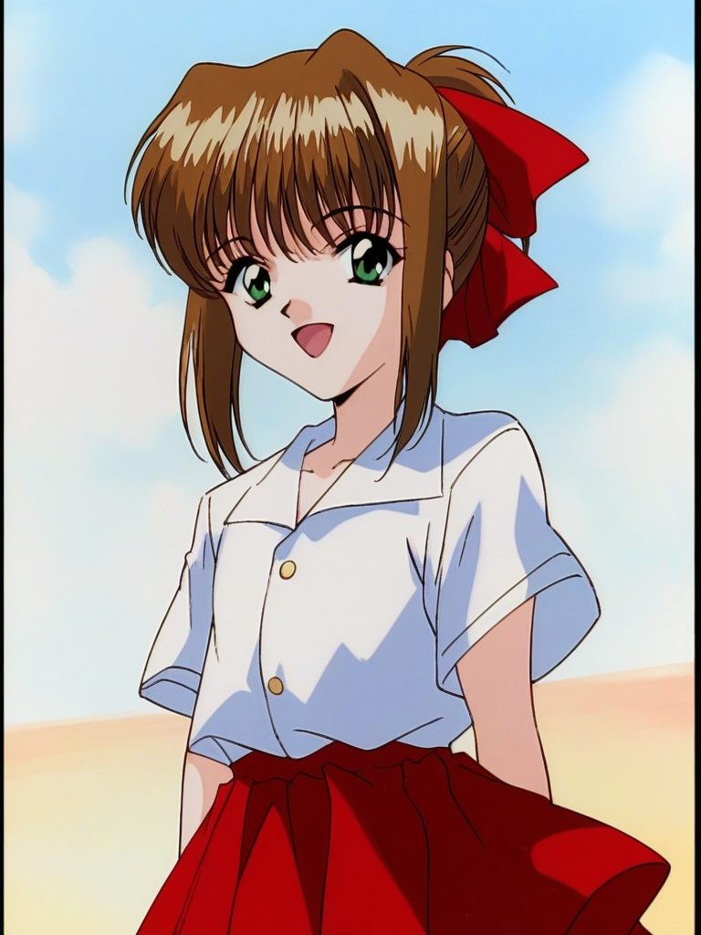 score_9, score_8_up, score_7_up, source_anime, rating_explicit, BREAK  <lora:Imouto_SG_XL:0.9>Imouto_SG, brown hair, short hair, hair bow, green eyes, red bow, ponytail, bangs, flat chest, short stack, 
solo,
smile. white short sleeve. red skirt, standing, open mouth,
looking at viewer, 
cowboyShot,
outdoor, sky,