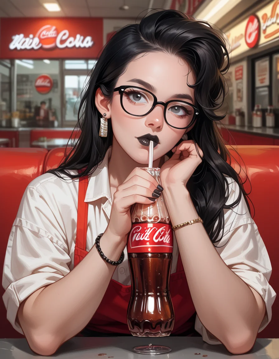 score_9, score_8_up, score_7_up, score_6_up, score_5_up, score_4_up, hud_v1ntagedr1nk, 1girl, solo, black lipstick,head tilt, glasses, earrings, black hair, drinking, shirt, bracelet, holding coca-cola soda bottle, <lora:hud_v1ntagedr1nk_XLP2:0.7>, diner